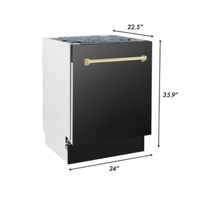 ZLINE Autograph Edition 24 in. 3rd Rack Top Control Tall Tub Dishwasher in Black Stainless Steel with Polished Gold Accent Handle, 51dBa (DWVZ-BS-24-G) dimensional diagram with measurements.