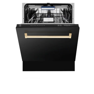 ZLINE Autograph Edition 24 in. 3rd Rack Top Control Tall Tub Dishwasher in Black Stainless Steel with Polished Gold Accent Handle, 51dBa (DWVZ-BS-24-G) front, half open.