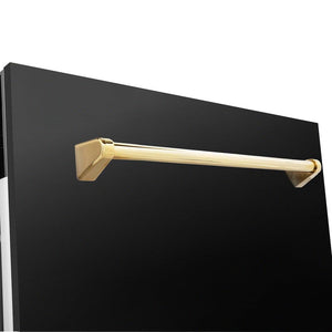 Close-up Polished Gold handle on ZLINE Autograph Edition 24 in. 3rd Rack Top Control Tall Tub Dishwasher in Black Stainless Steel with Polished Gold Accent Handle, 51dBa (DWVZ-BS-24-G)