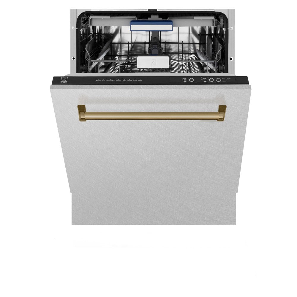 ZLINE Autograph Edition 24 in. 3rd Rack Top Control Tall Tub Dishwasher in Fingerprint Resistant Stainless Steel with Champagne Bronze Accent Handle, 51dBa (DWVZ-SN-24-CB) front, half open.