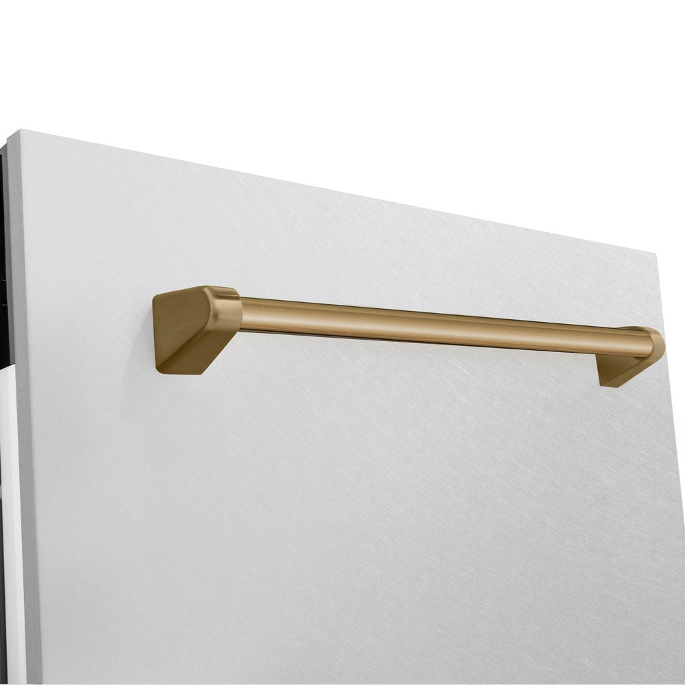 ZLINE Autograph Edition 24 in. 3rd Rack Top Control Tall Tub Dishwasher in Fingerprint Resistant Stainless Steel with Champagne Bronze Accent Handle, 51dBa (DWVZ-SN-24-CB) close-up, handle on dishwasher exterior.