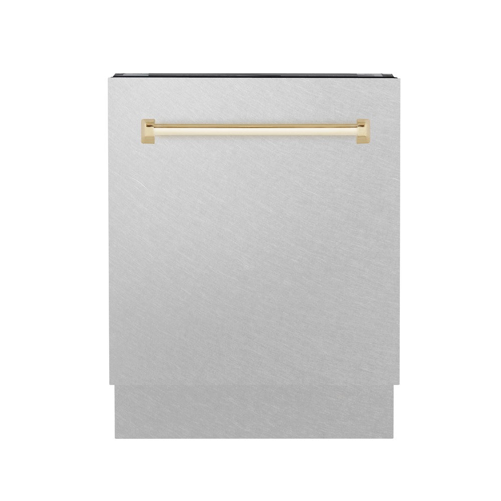 ZLINE Autograph Edition 24 in. 3rd Rack Top Control Tall Tub Dishwasher in Fingerprint Resistant Stainless Steel with Polished Gold Accent Handle, 51dBa (DWVZ-SN-24-G) front, closed.