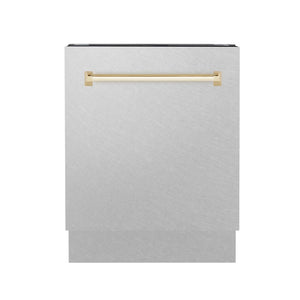 ZLINE Autograph Edition 24 in. 3rd Rack Top Control Tall Tub Dishwasher in Fingerprint Resistant Stainless Steel with Polished Gold Accent Handle, 51dBa (DWVZ-SN-24-G) front.