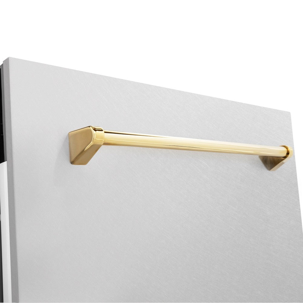 ZLINE Autograph Edition 24 in. 3rd Rack Top Control Tall Tub Dishwasher in Fingerprint Resistant Stainless Steel with Polished Gold Accent Handle, 51dBa (DWVZ-SN-24-G) close-up, handle on dishwasher exterior.