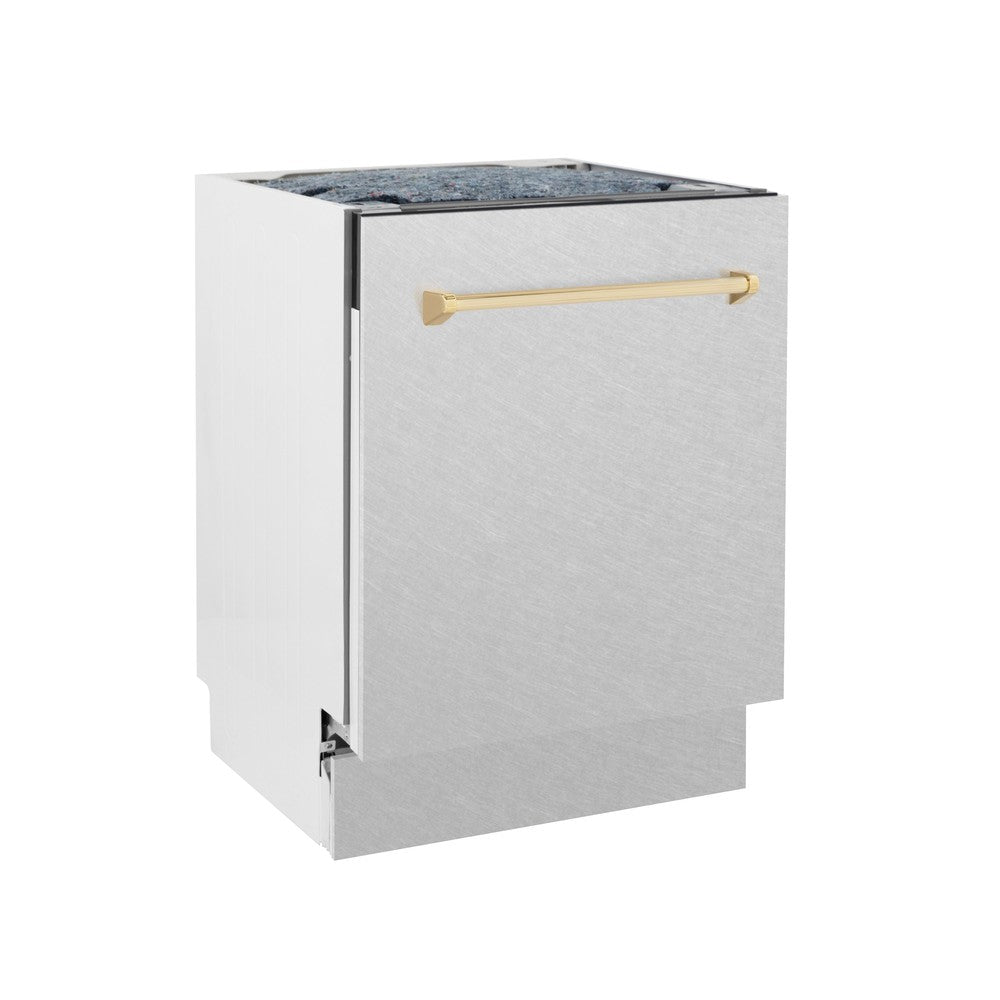 ZLINE Autograph Edition 24 in. Tall Tub Dishwasher in DuraSnow® Stainless Steel with Polished Gold Handle (DWVZ-SN-24-G) side, door closed.