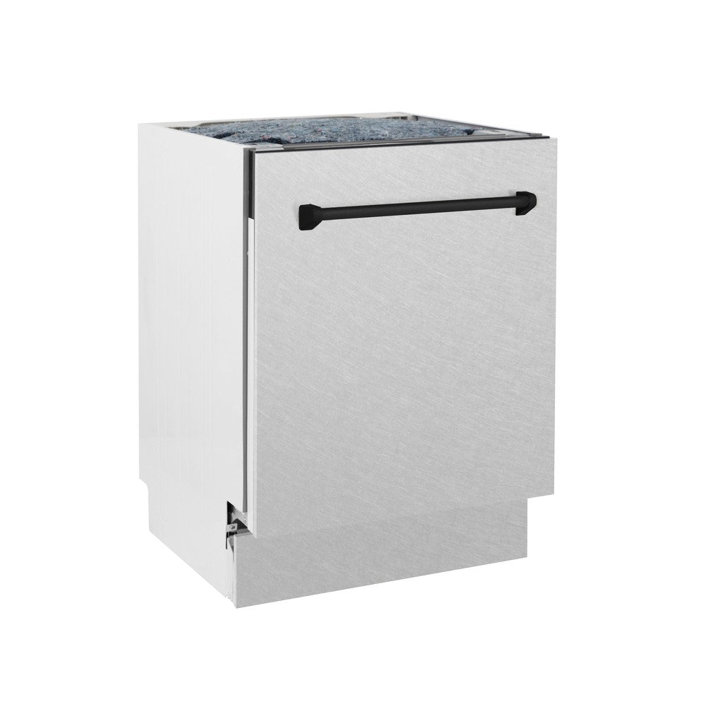 ZLINE Autograph Edition 24 in. 3rd Rack Top Control Tall Tub Dishwasher in Fingerprint Resistant Stainless Steel with Matte Black Accent Handle, 51dBa (DWVZ-SN-24-MB) side, closed.