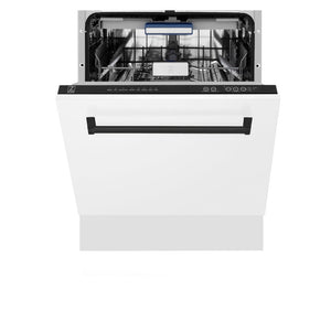 ZLINE Autograph Edition 24 in. 3rd Rack Top Control Tall Tub Dishwasher in White Matte with Matte Black Accent Handle, 51dBa (DWVZ-WM-24-MB) front, half open.