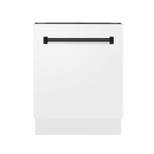 ZLINE Autograph Edition 24 in. 3rd Rack Top Control Tall Tub Dishwasher in White Matte with Matte Black Accent Handle, 51dBa (DWVZ-WM-24-MB) front, closed.
