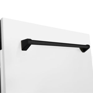 ZLINE Autograph Edition 24 in. 3rd Rack Top Control Tall Tub Dishwasher in White Matte with Matte Black Accent Handle, 51dBa (DWVZ-WM-24-MB) close-up, handle on dishwasher exterior.