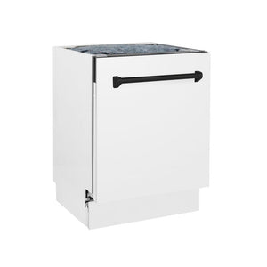ZLINE Autograph Edition 24 in. 3rd Rack Top Control Tall Tub Dishwasher in White Matte with Matte Black Accent Handle, 51dBa (DWVZ-WM-24-MB) side, closed.