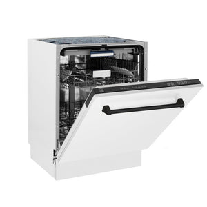 ZLINE Autograph Edition 24 in. 3rd Rack Top Control Tall Tub Dishwasher in White Matte with Matte Black Accent Handle, 51dBa (DWVZ-WM-24-MB) side, half open.