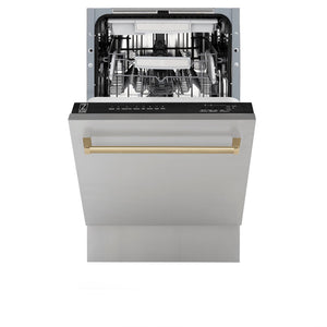 ZLINE Autograph Edition 18 in. Compact 3rd Rack Top Control Dishwasher in Stainless Steel with Champagne Bronze Handle, 51dBa (DWVZ-304-18-CB) front, half open.