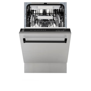 ZLINE Autograph Edition 18 in. Compact 3rd Rack Top Control Dishwasher in Stainless Steel with Matte Black Handle, 51dBa (DWVZ-304-18-MB) front, half open.