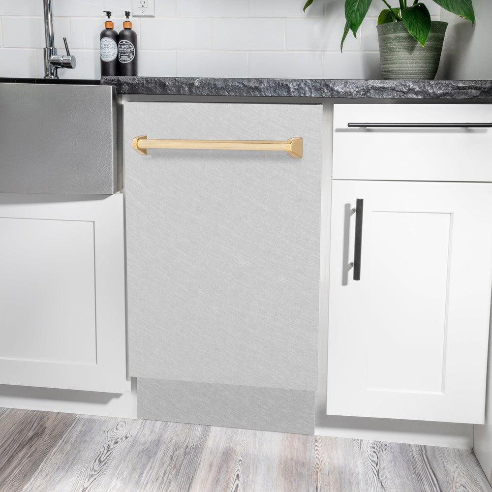 ZLINE Autograph Edition 18 in. Compact 3rd Rack Top Control Dishwasher in Fingerprint Resistant Stainless Steel with Polished Gold Accent Handle, 51dBa (DWVZ-SN-18-G) in a kitchen with white cabinets and stone countertops.