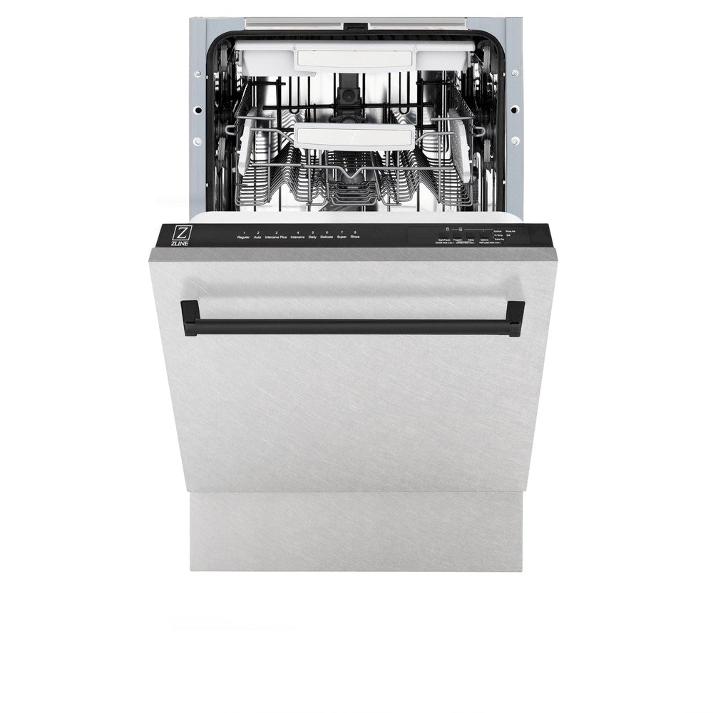 ZLINE Autograph Edition 18 in. Compact 3rd Rack Top Control Dishwasher in Fingerprint Resistant Stainless Steel with Matte Black Accent Handle, 51dBa (DWVZ-SN-18-MB) front, half open.