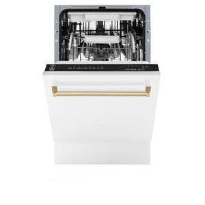 ZLINE Autograph Edition 18 in. Compact 3rd Rack Top Control Dishwasher in White Matte with Champagne Bronze Accent Handle, 51dBa (DWVZ-WM-18-CB) front, half open.