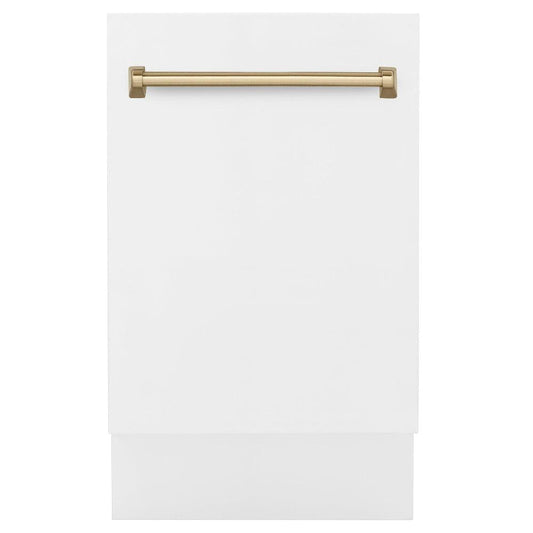 ZLINE Autograph Edition 18 in. Compact 3rd Rack Top Control Dishwasher in White Matte with Champagne Bronze Accent Handle, 51dBa (DWVZ-WM-18-CB) front, closed.