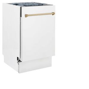 ZLINE Autograph Edition 18 in. Compact 3rd Rack Top Control Dishwasher in White Matte with Champagne Bronze Accent Handle, 51dBa (DWVZ-WM-18-CB) side, closed.