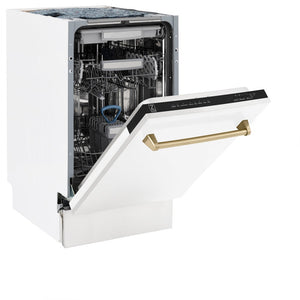 ZLINE Autograph Edition 18 in. Compact 3rd Rack Top Control Dishwasher in White Matte with Champagne Bronze Accent Handle, 51dBa (DWVZ-WM-18-CB) side, half open.