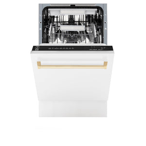 ZLINE Autograph Edition 18 in. Compact 3rd Rack Top Control Dishwasher in White Matte with Polished Gold Accent Handle, 51dBa (DWVZ-WM-18-G) front, half open.