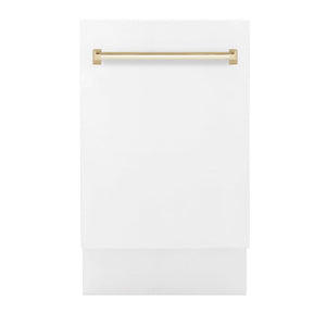 ZLINE Autograph Edition 18 in. Compact 3rd Rack Top Control Dishwasher in White Matte with Polished Gold Accent Handle, 51dBa (DWVZ-WM-18-G)