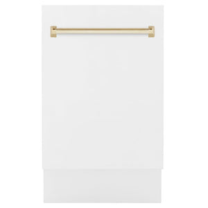 ZLINE Autograph Edition 18 in. Compact 3rd Rack Top Control Dishwasher in White Matte with Polished Gold Accent Handle, 51dBa (DWVZ-WM-18-G) front.