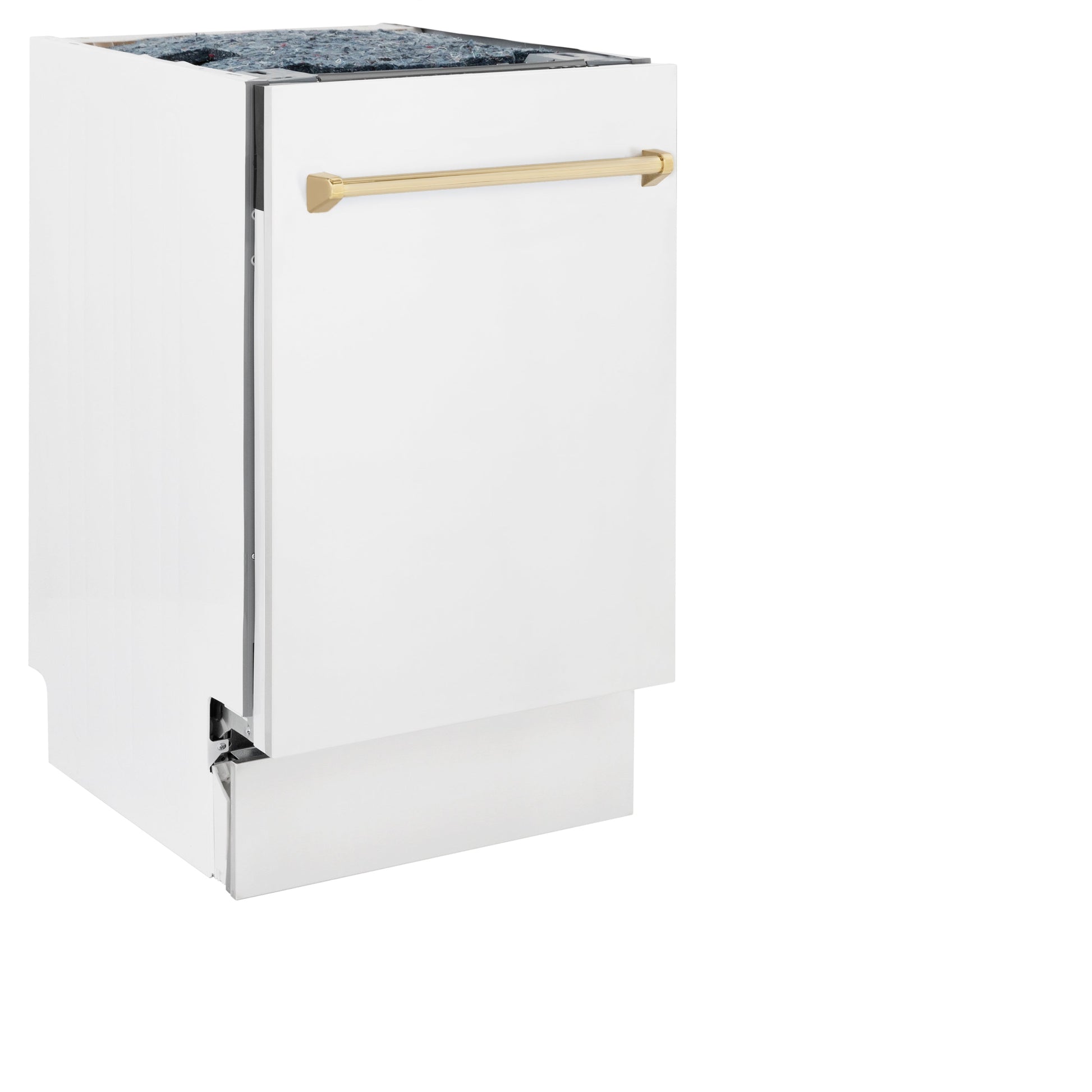 ZLINE Autograph Edition 18 in. Compact 3rd Rack Top Control Dishwasher in White Matte with Polished Gold Accent Handle, 51dBa (DWVZ-WM-18-G) front, closed.