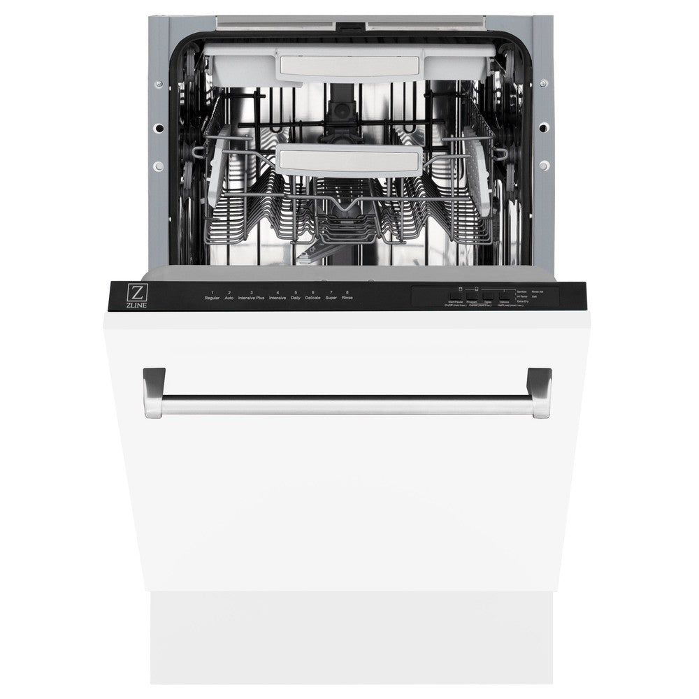 ZLINE 18 in. Tallac Series 3rd Rack Top Control Dishwasher with White Matte Panel, 51dBa (DWV-WM-18) front, half open.