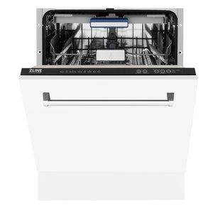 ZLINE 24 in. Tallac Series 3rd Rack Dishwasher with White Matte Panel and Traditional Handle, 51dBa (DWV-WM-24) front, half open.