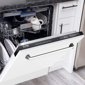 ZLINE 24 in. Tallac Series 3rd Rack Dishwasher with White Matte Panel and Traditional Handle, 51dBa (DWV-WM-24) half open with dishes inside in a kitchen with white cabinets and stone countertops.