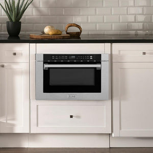 ZLINE 24 in. 1.2 cu. ft. Built-in Microwave Drawer with a Traditional Handle in Fingerprint Resistant Stainless Steel (MWD-1-SS-H) in Rustic Farmhouse Style Kitchen with white cabinets and black countertops.