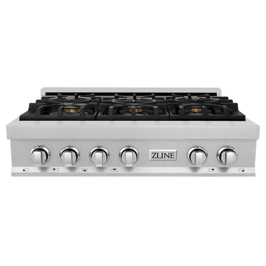 ZLINE 36 in. Porcelain Rangetop in DuraSnow® Stainless Steel with 6 Gas Brass Burners (RTS-BR-36) front.