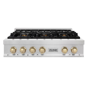 ZLINE Autograph Edition 36 in. Porcelain Rangetop with 6 Gas Burners in DuraSnow® Stainless Steel with Polished Gold Accents (RTSZ-36-G) front.