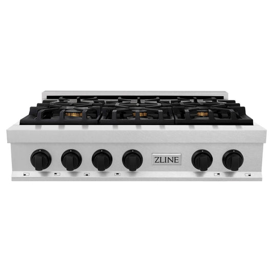 ZLINE Autograph Edition 36 in. Porcelain Rangetop with 6 Gas Burners in DuraSnow® Stainless Steel with Matte Black Accents (RTSZ-36-MB) front.