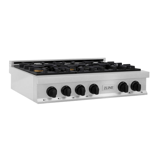 ZLINE Autograph Edition 36 in. Porcelain Rangetop with 6 Gas Burners in DuraSnow® Stainless Steel with Matte Black Accents (RTSZ-36-MB) side.