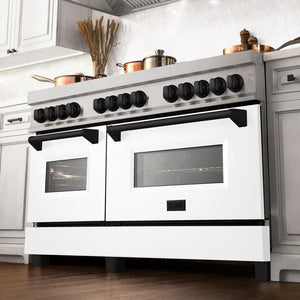 ZLINE Autograph Edition 60 in. 7.4 cu. ft. Legacy Dual Fuel Range with 9 Burner Gas Cooktop and 2 Electric Convection Ovens in Stainless Steel with White Matte Doors and Matte Black Accents (RAZ-WM-60-MB) in a luxury kitchen, from below.