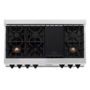 ZLINE Autograph Edition 48 in. Porcelain Rangetop with 7 Gas Burners in DuraSnow® Stainless Steel and Matte Black Accents (RTSZ-48-MB) from above showing gas burners and cast-iron grates.