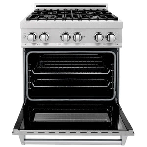 ZLINE 30 in. Kitchen Package with Satin Stainless Steel Dual Fuel Range and Convertible Vent Range Hood front, open.