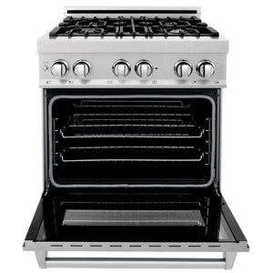 ZLINE 30 in. Kitchen Package with Satin Stainless Dual Fuel Range, Ducted Vent Range Hood and Dishwasher front, open.