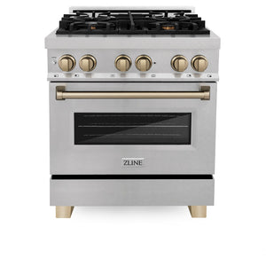 ZLINE Autograph Edition 30 in. 4.0 cu. ft. Legacy Dual Fuel Range with 4 Burner Gas Cooktop and Electric Convection Oven in DuraSnow® Stainless Steel and Champagne Bronze Accents (RASZ-SN-30-CB) front, oven closed.