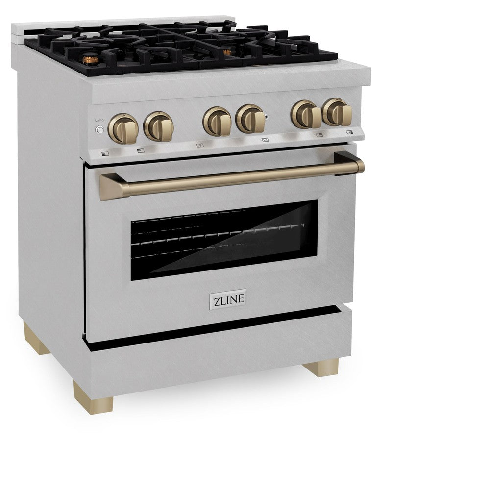 ZLINE Autograph Edition 30 in. 4.0 cu. ft. Legacy Dual Fuel Range with 4 Burner Gas Cooktop and Electric Convection Oven in DuraSnow® Stainless Steel and Champagne Bronze Accents (RASZ-SN-30-CB) side, oven closed.