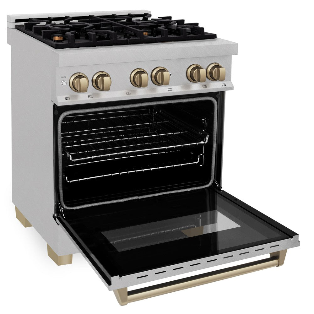 ZLINE Autograph Edition 30 in. 4.0 cu. ft. Legacy Dual Fuel Range with 4 Burner Gas Cooktop and Electric Convection Oven in DuraSnow® Stainless Steel and Champagne Bronze Accents (RASZ-SN-30-CB) side, oven open.