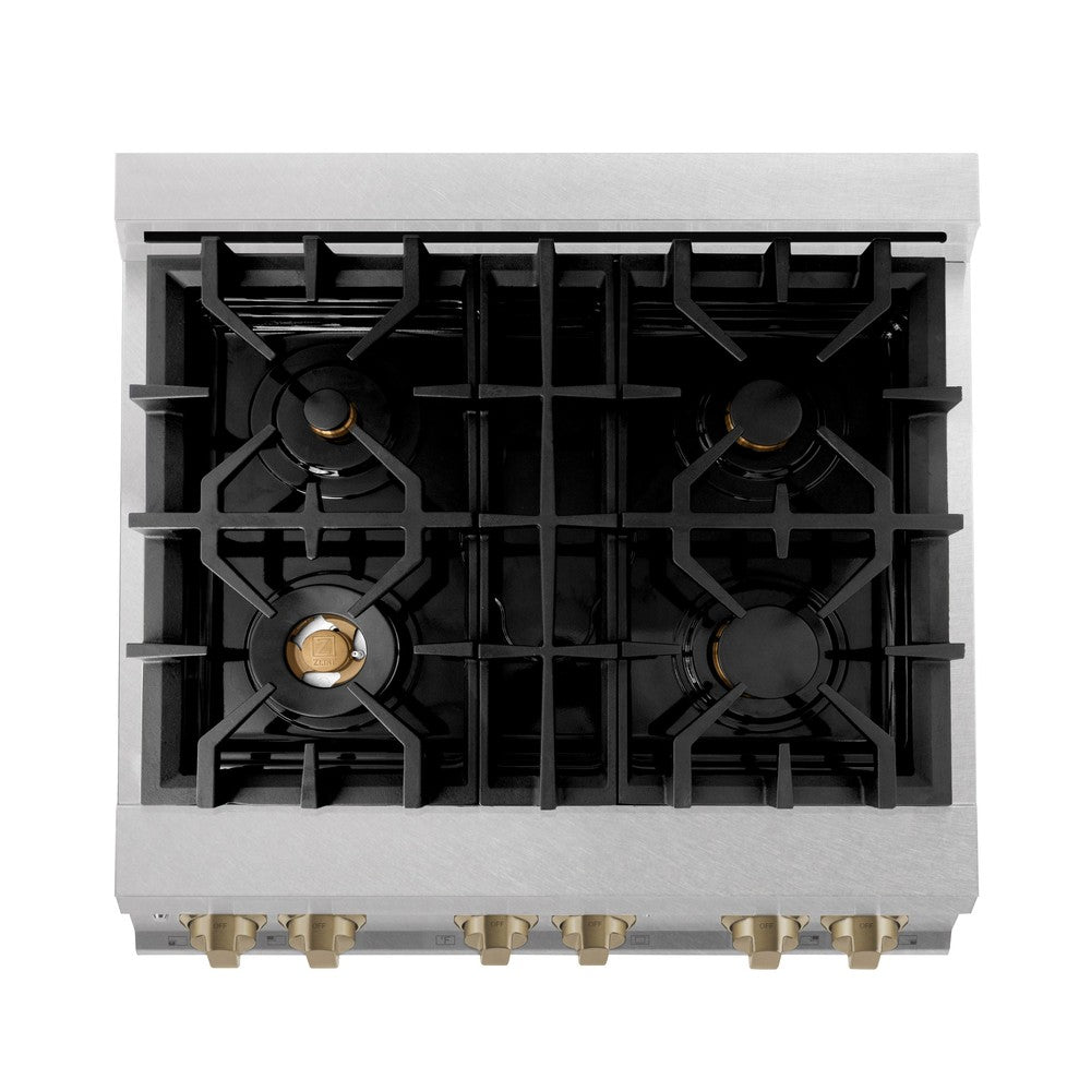 ZLINE Autograph Edition 30 in. 4.0 cu. ft. Legacy Dual Fuel Range with 4 Burner Gas Cooktop and Electric Convection Oven in DuraSnow® Stainless Steel and Champagne Bronze Accents (RASZ-SN-30-CB) top-view, above cooktop.