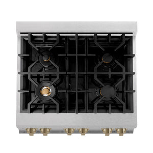 ZLINE Autograph Edition 30 in. 4.0 cu. ft. Legacy Dual Fuel Range with 4 Burner Gas Cooktop and Electric Convection Oven in DuraSnow® Stainless Steel and Champagne Bronze Accents (RASZ-SN-30-CB) top-view, above cooktop.