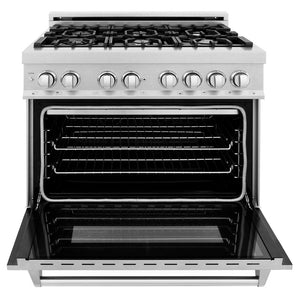 ZLINE 36 in. Professional Dual Fuel Range in Fingerprint Resistant Satin Stainless Steel (RAS-SN-36) front, oven open.