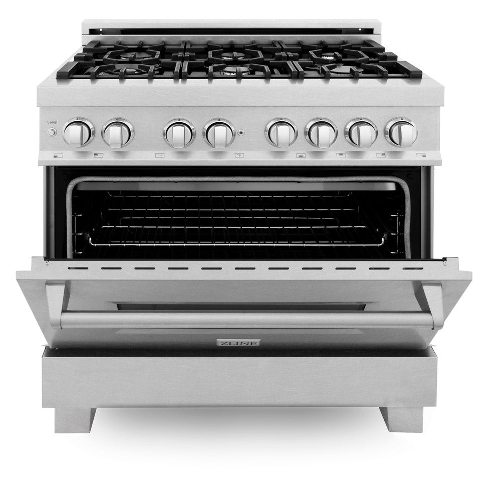 ZLINE 36 in. Professional Dual Fuel Range in Fingerprint Resistant Stainless Steel (RAS-SN-36) front, oven half open.