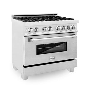 ZLINE 36 in. Professional Dual Fuel Range in Fingerprint Resistant Satin Stainless Steel (RAS-SN-36) side, oven closed.