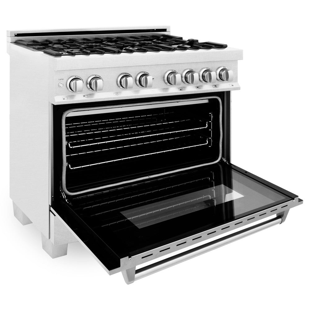 ZLINE 36 in. Professional Dual Fuel Range in Fingerprint Resistant Stainless Steel (RAS-SN-36) side, oven open.