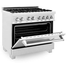 ZLINE 36 in. Professional Dual Fuel Range in Fingerprint Resistant Satin Stainless Steel (RAS-SN-36) side, oven half open.