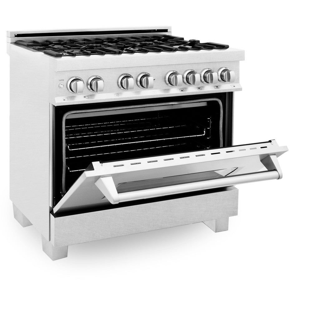 ZLINE 36 in. Professional Dual Fuel Range in Fingerprint Resistant Stainless Steel (RAS-SN-36) side, oven half open.